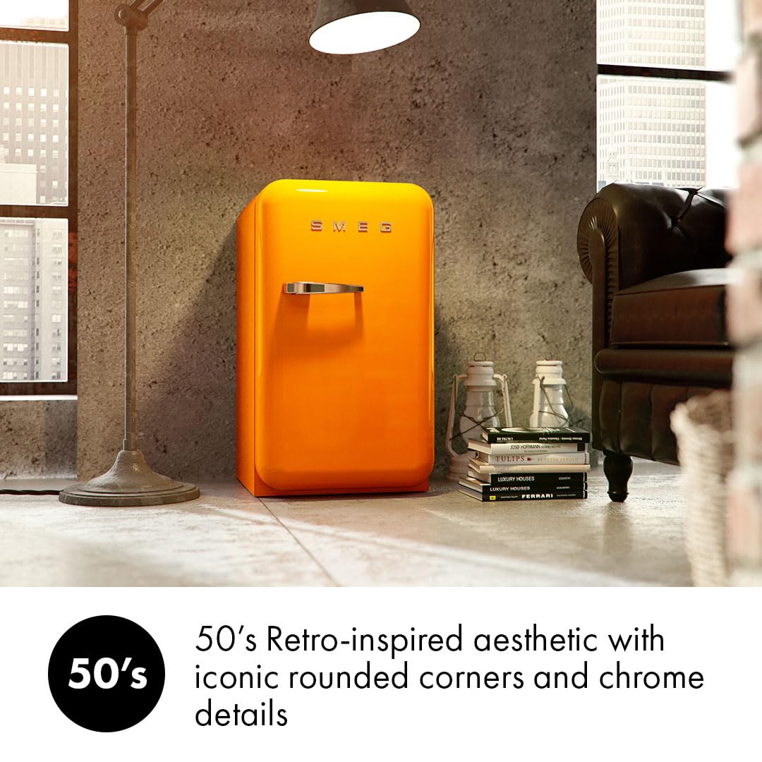 SMEG FABUROR3 FAB5 Retro Mini Fridge – 50s Style Compact Small Refrigerator, 1.2 cu ft, Automatic Defrost, LED Lighting, Adjustable Shelves– Made in Italy, Orange