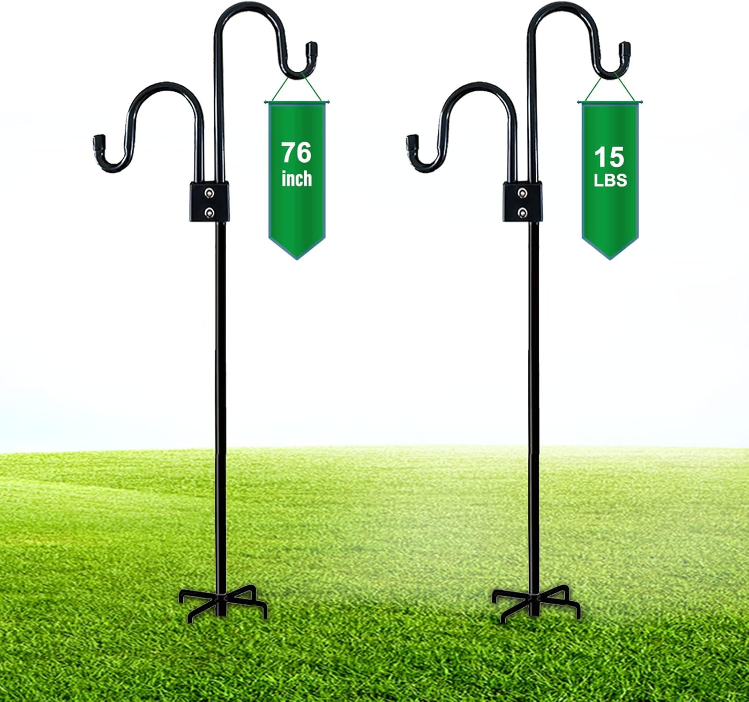 Outdoor Shepherd's Hooks - kingsea 76 inch Double Shepherds Hooks, Heavy Duty Metal Bird Feeder Pole Stand with 5 Prongs, Garden Hook for Hanging Bird Feeder, Hanging Plant, Wedding Flower Baskets, Solar Light Lanterns, 2 Pack