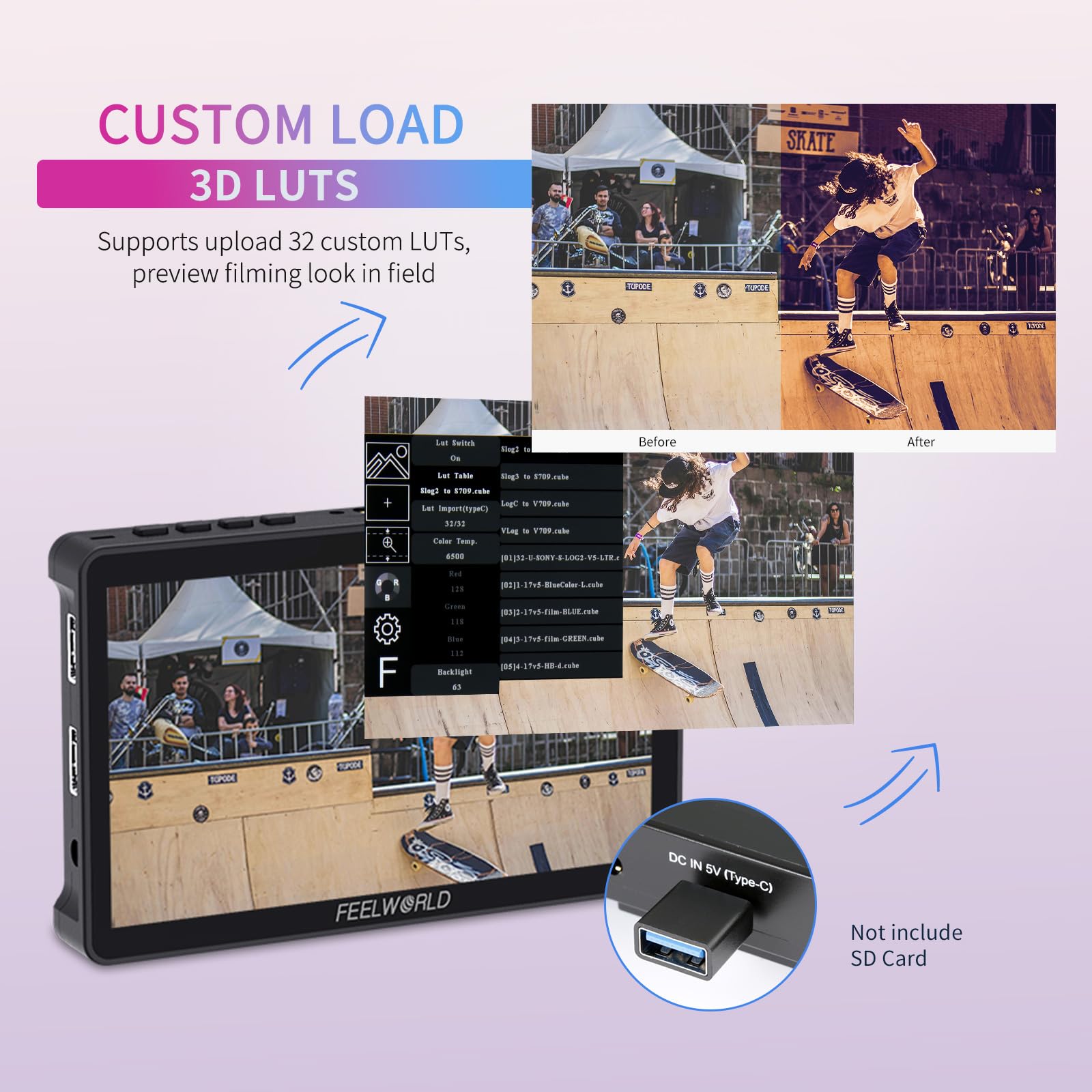 FEELWORLD F5 Pro V4 6 Inch Touch Screen DSLR Camera Field Monitor with 3D LUT F970 External Kit Install for Power Wireless Transmission IPS FHD1920x1080 4K HDMI Input Output 5V Type-c Input Tilt Arm