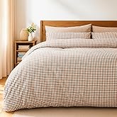 Brown Gingham Duvet Cover Queen Size 3 Pcs Plaid Checkered Comforter Cover Set Soft Breathable Washed Microfiber Farmhouse Bedding with Corner Ties Cozy Grid Pattern Bedroom Decor for Women Men