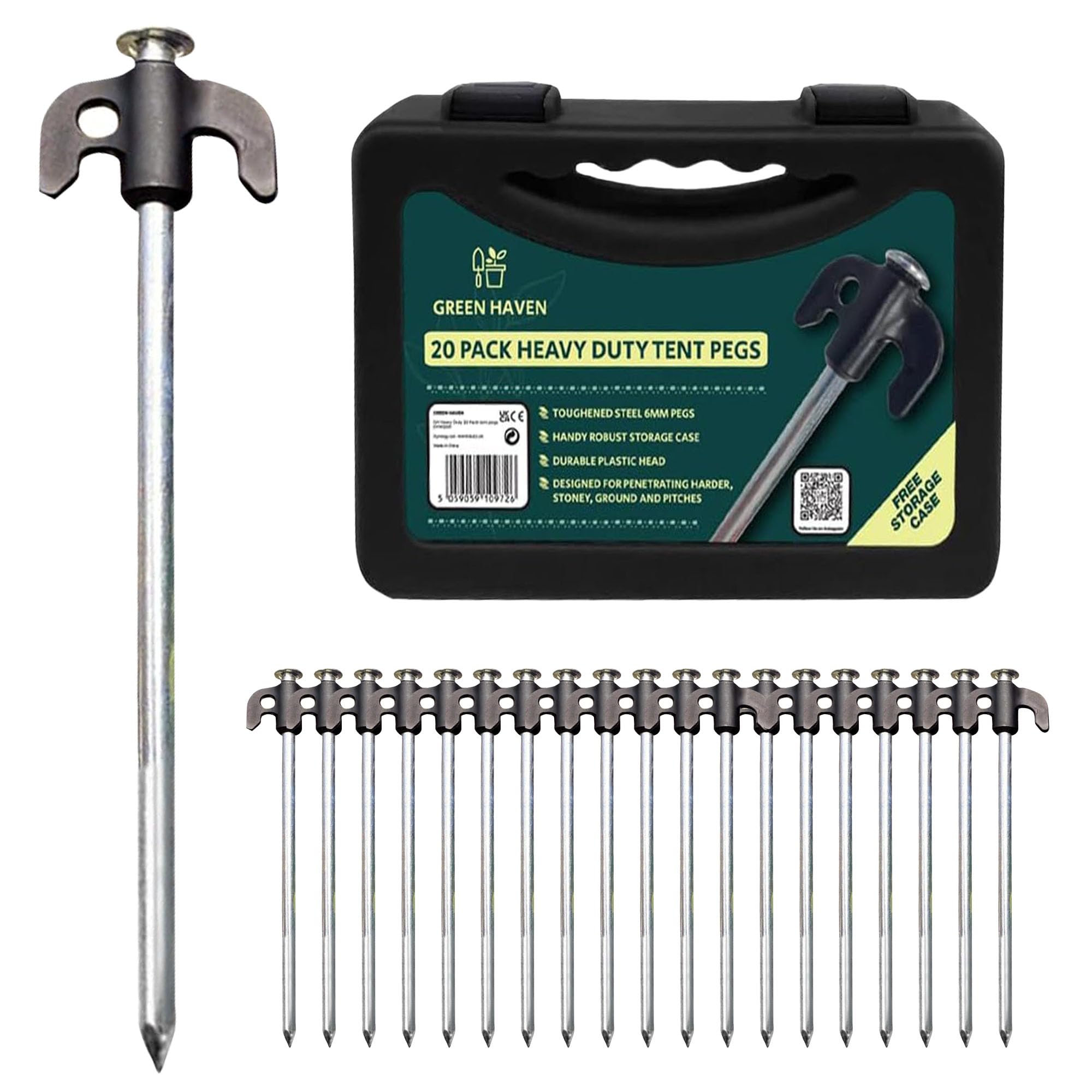 Green Haven 20 Pack Heavy Duty Tent Pegs - Durable Galvanised Steel Ground Stakes Rust-Resistant Tent Pegs Metal Heavy Duty for Camping, Gazebos, Hiking & Outdoor