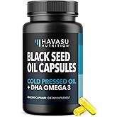 Black Seed Oil with DHA Supplement for Brain Health and Cognition - Cold Pressed Black Cumin Seed Oil and DHA Omega 3-60 Liquid Capsules, Unflavored, Vegan, Non-GMO, and Gluten-Free - 1 Month Supply