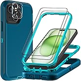 TFDSEUGH for iPhone 15 Plus Case with 2Pcs Tempered Glass Screen Protector and 1Pcs Camera Lens Protector, Military Grade 3 in 1 Heavy Duty Shockproof/Drop Proof/Dust Proof Case (Blue/Turquoise)