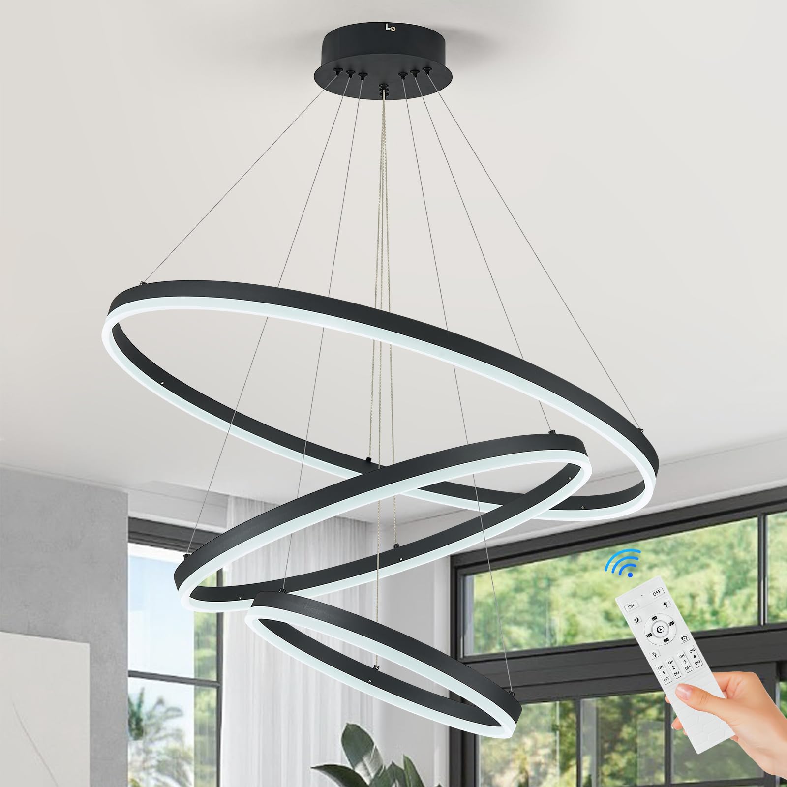 Photo 1 of Sparklelf 3-Rings Modern LED Chandelier Black, Dimmable Pendant Lighting with Remote Control Circular Flush Mount High Ceiling Light for Living Room Dining Room Foyer, 3000K-6500K D31.5’’