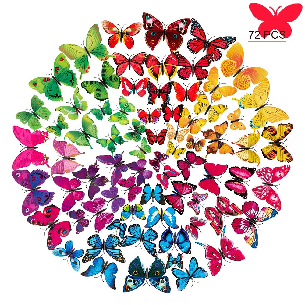 72 Pcs 3D Colorful Removable Butterfly Wall Stickers DIY Art Decor Crafts for Home DIY, Baby Room, Party and Birthday Decoration (6 Colors)