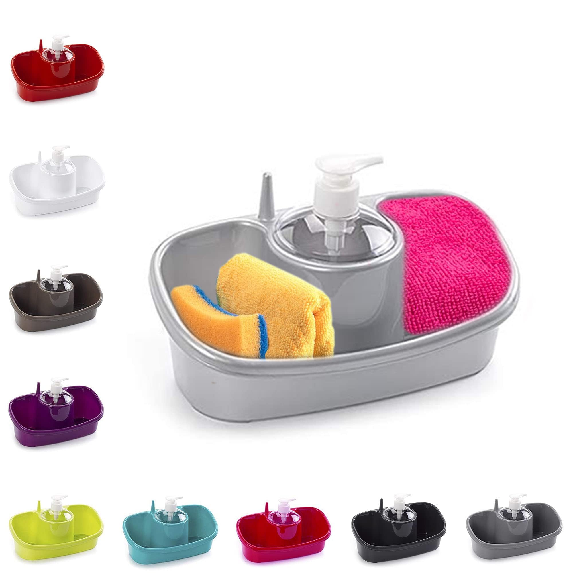 Plastic 3 in 1 Washing Up Liquid Soap Dispenser with Pump Head & Sponge Holder For Kitchen Bathroom, Sink Soap Dispenser, Portable Sink Organizer Rack (Silver)
