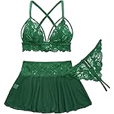 Foxiny Sexy Mini Skirt with Thong Floral Lace Sheer Bralette Lingerie Set 3 Piece Otufits