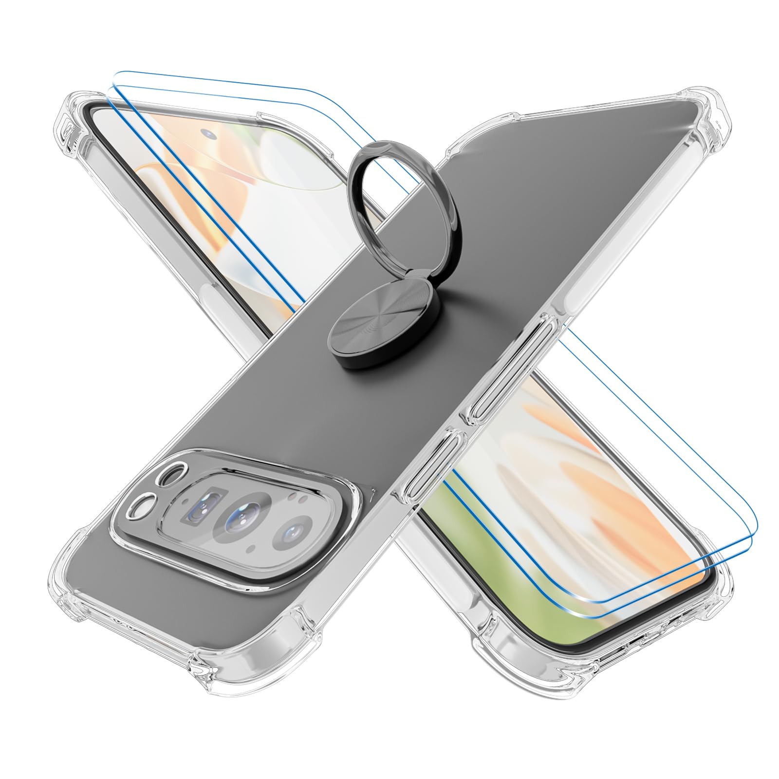 STARRYNOVA Kickstand Case Compatible with Google Pixel 9 Pro XL, Crystal Clear Protective Soft TPU Shockproof Case with 360 Degree Magnetic Ring Cover - Black Ring