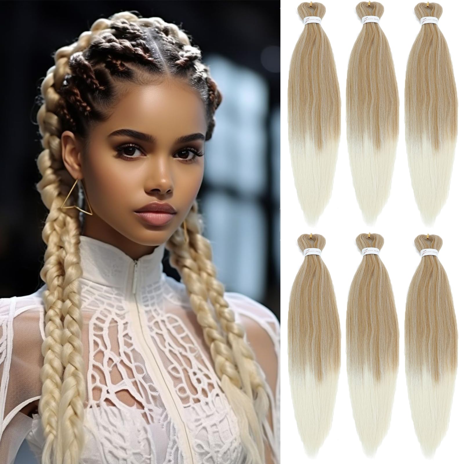 26 Inch Pre Stretched Braiding Hair，6 Packs Soft Yaki Texture EZ Braid for Box Braids Hot Water Setting Synthetic Fiber Hair Extensions（27/613#）