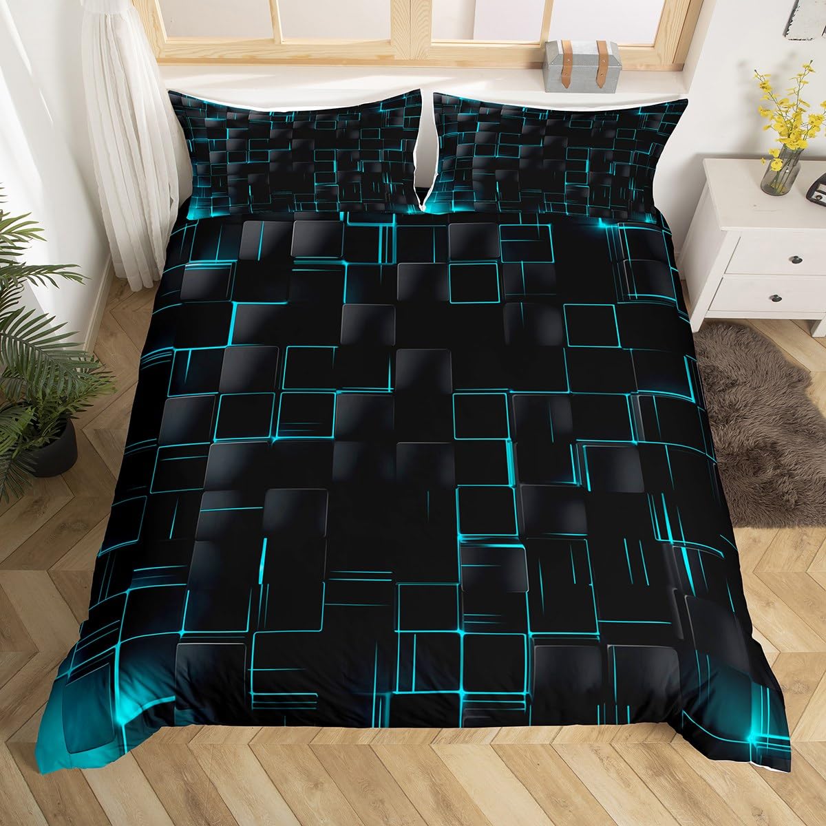 Abstract Duvet Cover Set Super King Size, Modern Geometric Square Grid Bedding Set 3pcs for Kids Boys Girls Room Decor, Blue and Black Comforter Cover Soft Polyester Quilt Cover with 2 Pillowcases — image 1