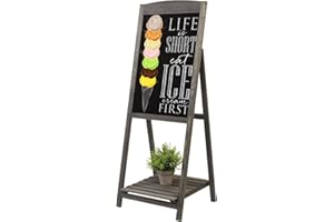 MyGift Vintage Gray Wood A-Frame Chalkboard Easel, 45" Freestanding Decorative Chalkboard Sign with Plant Shelf Stand