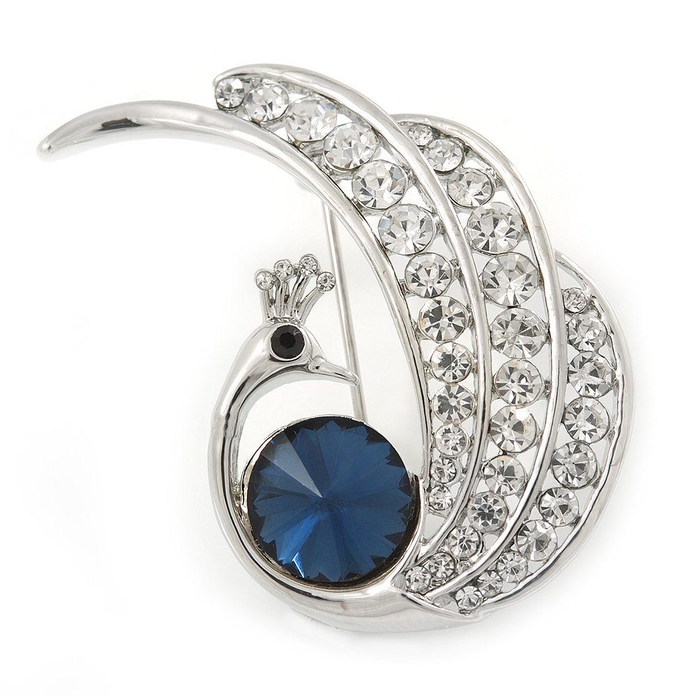 Rhodium Plated Montana Blue CZ, Clear Crystal Peacock Brooch - 40mm Across