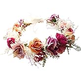 Vivivalue Rose Flower Crown Boho Flower Headband Hair Wreath Floral Headpiece Halo with Ribbon Wedding Party Festival Photos Pink