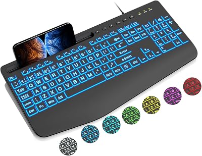 SABLUTE Wired Large Print Keyboard with Backlight, Wrist Rest, Phone Holder