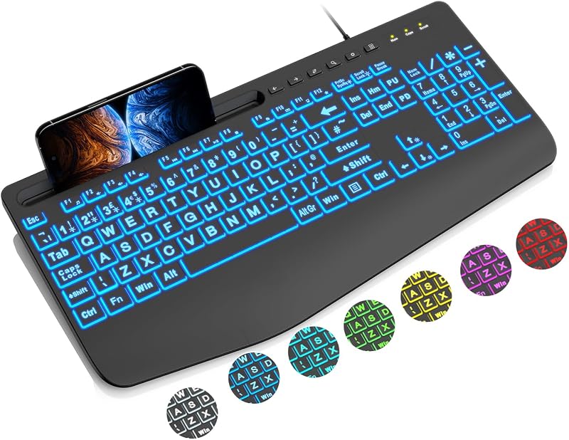 SABLUTE Wired Large Print Keyboard with Backlight, Wrist Rest, Phone Holder
