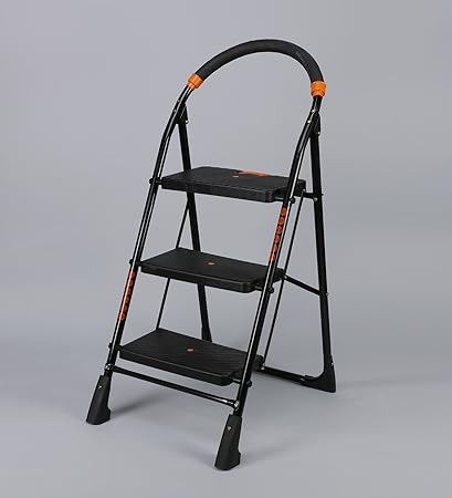 Flipzon Heavy Foldable Cameo 3 Steps Ladder with Wide Steps & Anti-Skid Shoes (Make in India) - Black