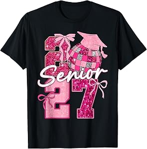 Senior 2027 Class of 2027 Pink Bow Graduation Girl Disco T-Shirt
