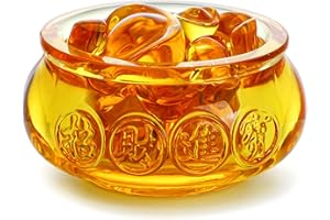 YU FENG 3'' Handmade Crystal Glass Golden Treasure Basin with 41pcs Ingot/Yuan Bao Good Luck Wealth Prosperity Figurine Collectibles Feng Shui Decor for Home Office