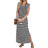 AUSELILY Women's V Neck Maxi Dresses, Straight-Cut Wrinkle-Free, Summer Split Sleeveless Vacation Dress with Pockets 2026