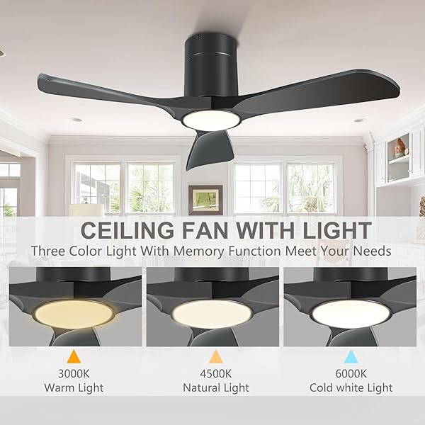 XBIBI 42 INCH FLUSH MOUNT CEILING FANS WITH LIGHTS, MODERN LOW PROFILE CEILING FAN WITH LIGHT AND REMOTE CONTROL, REVERSIBLE, NOISELESS, BLACK CEILING FAN FOR OUTDOOR INDOOR