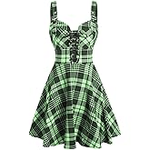 DRESSFO Women's Gothic Dress Plaid Print Lace-up Front Buckle Strap Dress Retro Empire Waist Dress Vintage 1950s Dresses