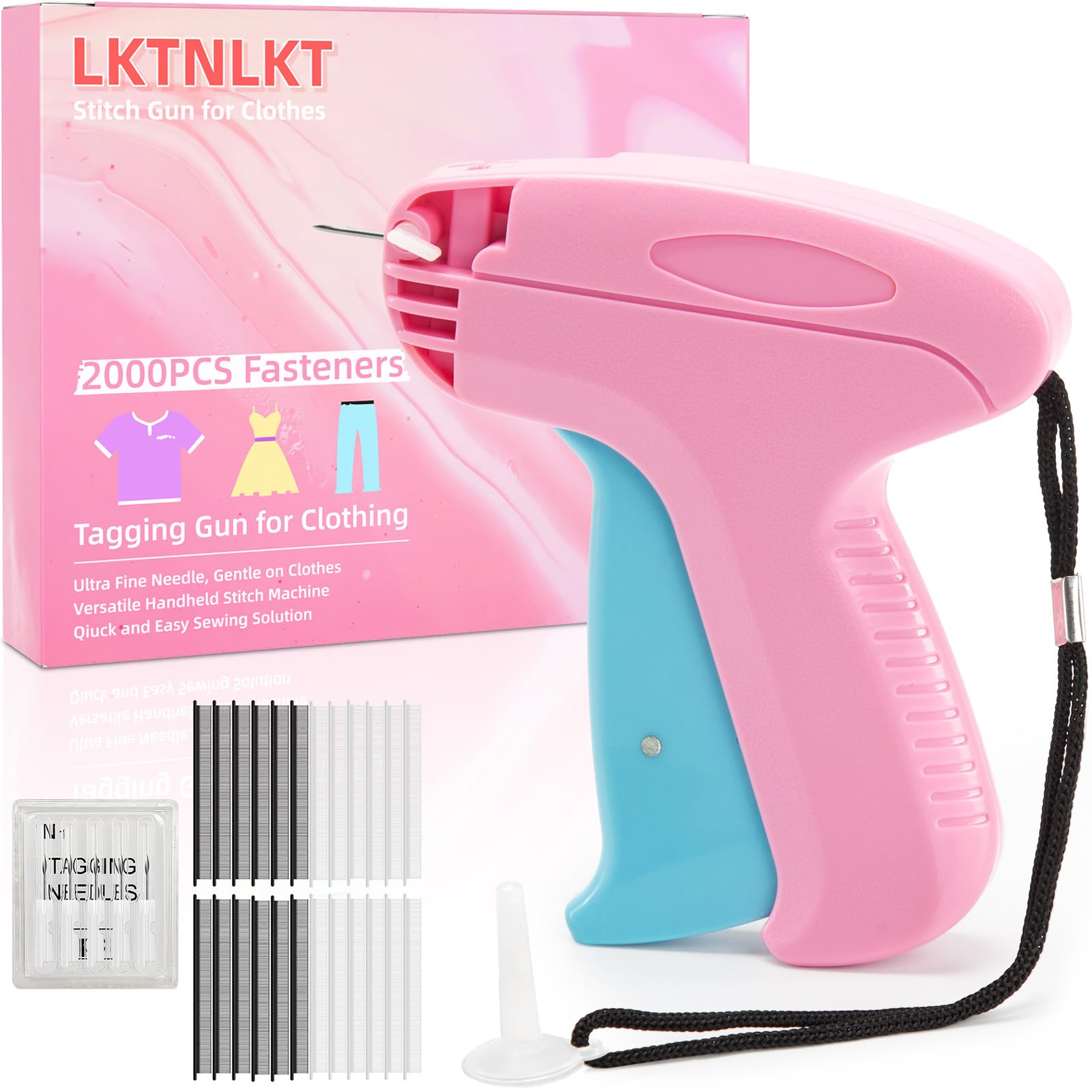 Photo 1 of Stitch  For Clothes - Includes 6 Fine Needles, 1000 White & 1000 Black Fasteners, Handheld Stitch Gun - Quick Clothing Fixer, Tag Gun for Clothes (Pink Blue)