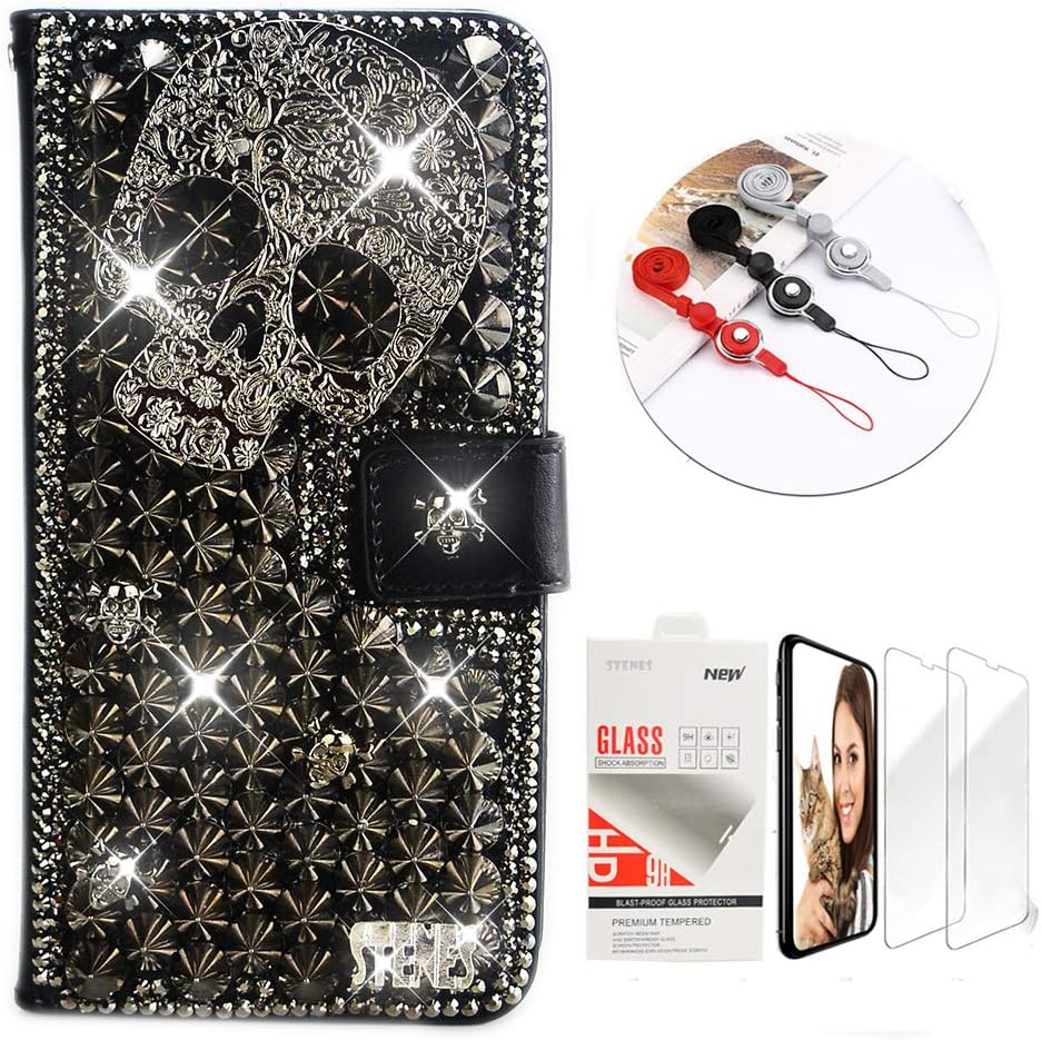 STENES Bling Wallet Phone Case Compatible with iPhone 11 Pro Max - Stylish - 3D Handmade Punk Skull Glitter Magnetic Wallet Leather Cover with Screen Protector & Neck Strap Lanyard - Black