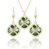 Qinpan 14MM Crystal Pendant Necklace Earrings Sets for Women 14K Glod Plated Jewelry