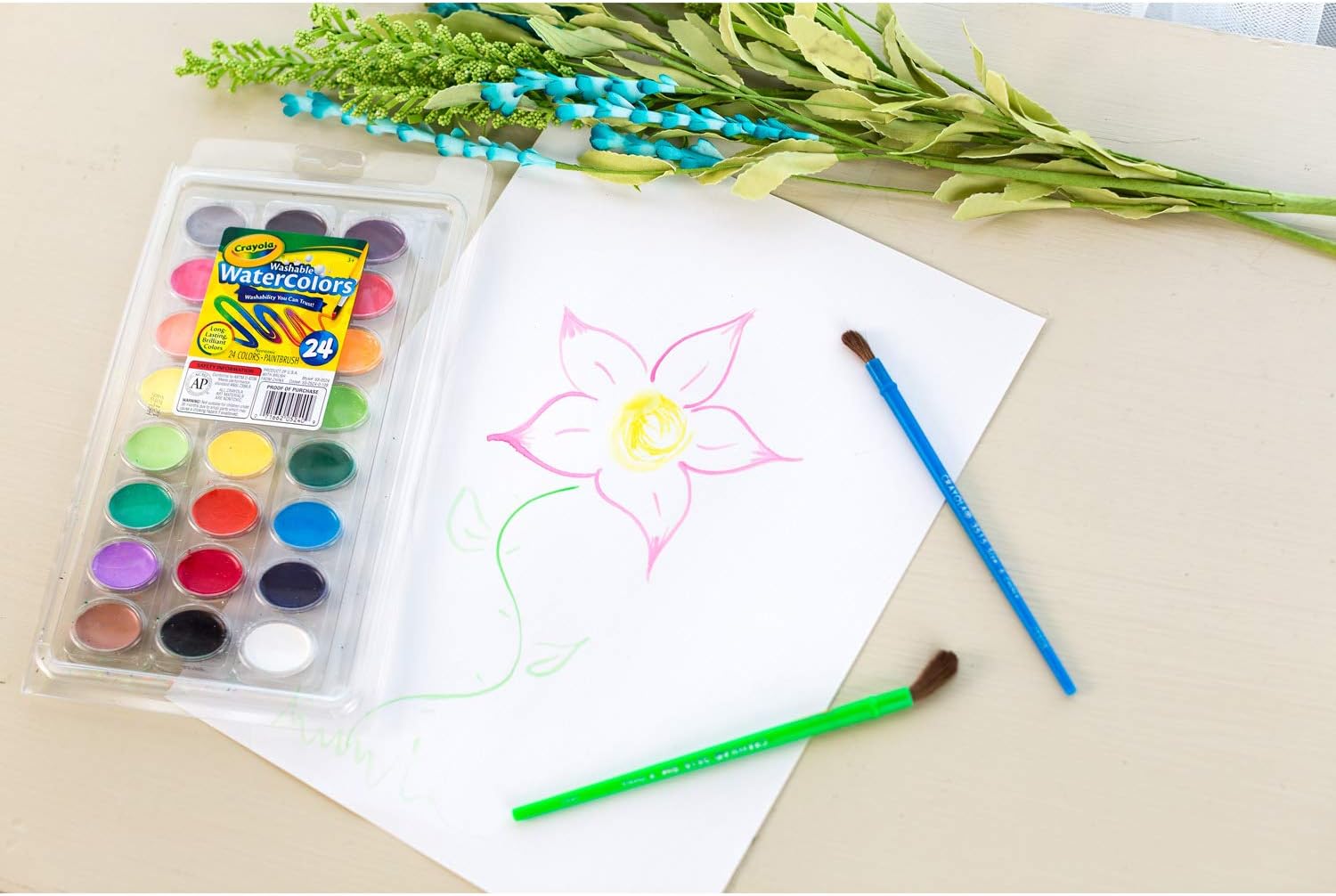 Crayola 24 Ct Washable Watercolors Easy to Clean Up, 24 Bright Washable Watercolor Paints, 1 Paintbrush, Ages 3+: Toys & Games