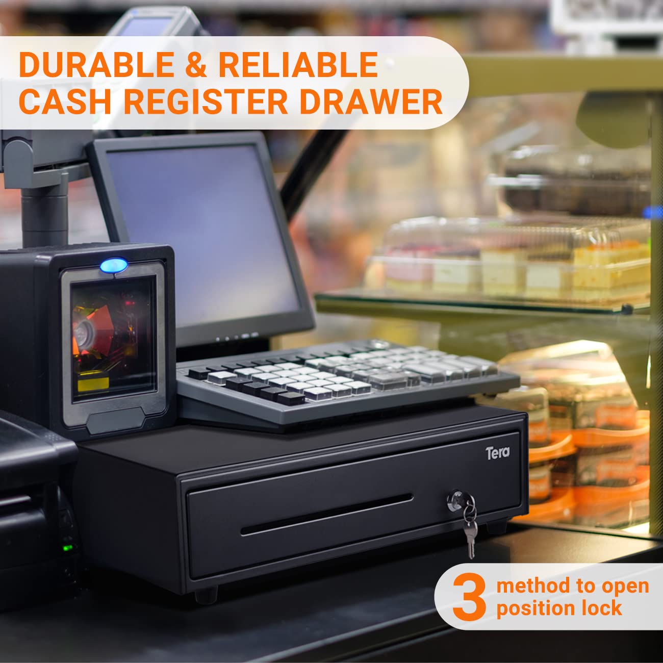 Tera Auto Open Cash Drawer with Micro Switch Fully Removable Tray 16.3” Heavy Duty 5 Bill 8 Coin Cash Register for POS System Media Slot 24V RJ12 Key-Lock for Small Business Retail Store Model 415R