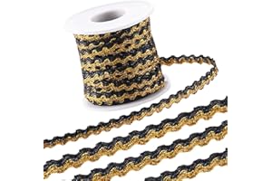 GORGECRAFT 16.4Yds x 5mm Black Gold Wave Bending Fringe Trim Metallic Sparkle Rick Rack Trim Braid Wavy Edge Lace Woven Webbi