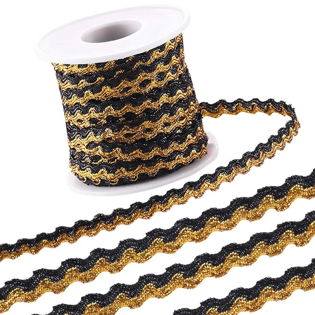 GORGECRAFT 15m x 5mm Wave Bending Fringe Trim Two-Color Sparkle Rick Rack Trim Black Gold Metallic Wire Braid Wavy Edge Lace Woven Webbing Ribbon for DIY Crafts Jewellery Making Hair Bow Gift Wrapping