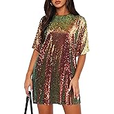 MIYIEONZ Women's Crew Neck Sequin Dress for Women Sexy V Neck Shirt Dress Sparkly Half Sleeve Loose Party Club Cocktail Dress