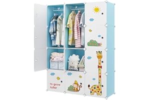 VIPZONE Kids Armoires,12 Cube Wardrobe with Door,Portable Cute Closet Bedroom Dresser Clothes Hanging Storage Rack,Sturdy,Safe and Large Capacity,Blue(14x14inch)