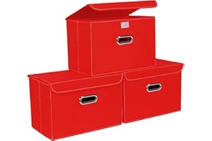 STOREONE Fabric Storage Cube Bins Foldable Organizer Container Collapsible Basket with Lids and Metal Handles, for Home, Bedroom, Closet 3 Pcs (Red)