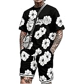 Floerns Men's 2 Piece Outfit Summer Short Sleeve Floral T Shirts with Track Shorts Matching Set