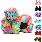 ROVANCHY Cute Women's Cozy Fluffy Teddy Bear Slippers,Rainbow Fuzzy Inoor House Shoes with Animal Bear Design,Funny Christmas Birthday Gifts for Women Mom Teee Girls Men