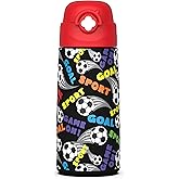 Ntswasd Boys Insulated Water Bottle with Covered Pop-Up Straw,16 oz Kids Cups with Stainless Steel Leak Proof for School（Red-Soccer）