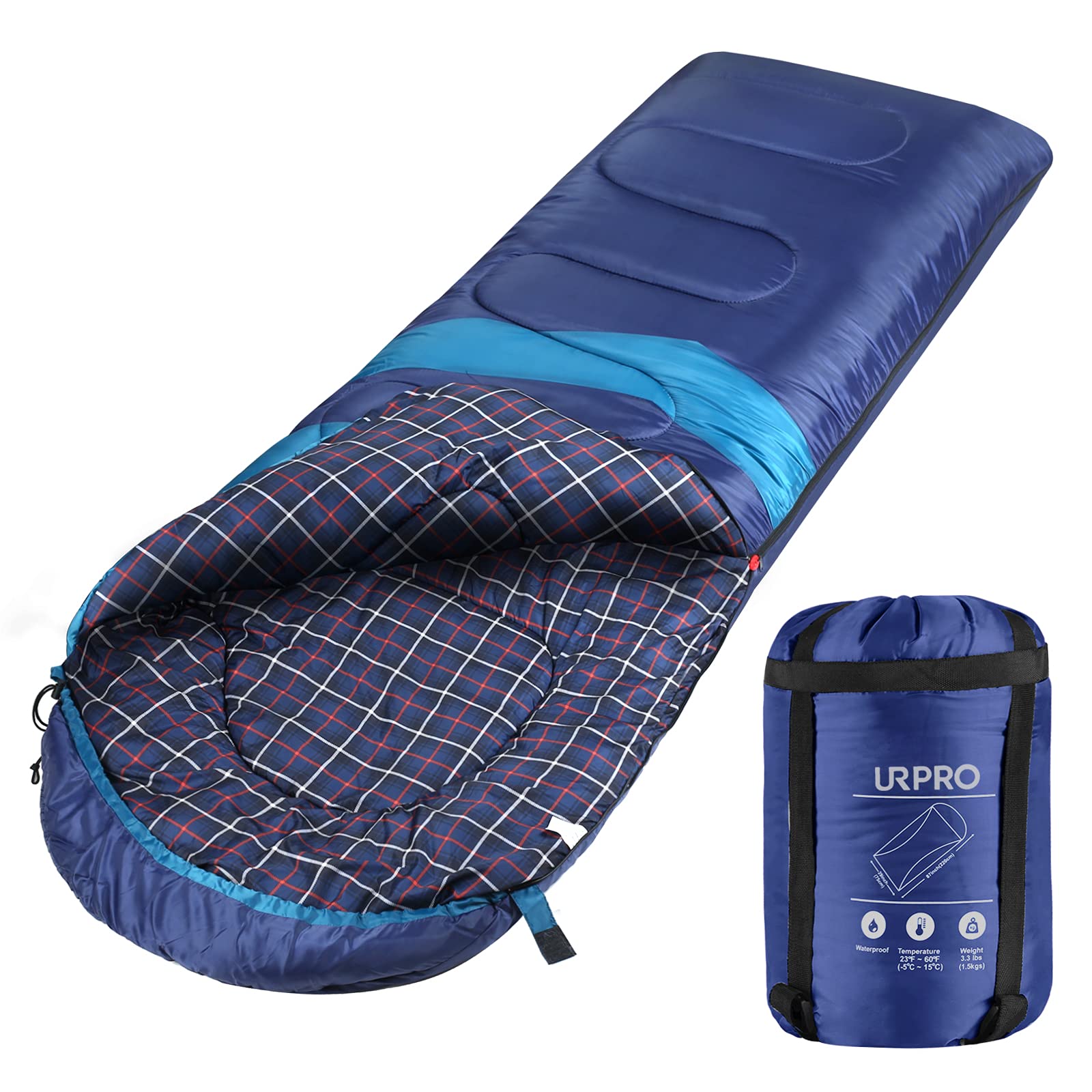 URPRO All 4 Seasons Flannel Sleeping Bag Warm Cold Weather Lightweight, Portable, Waterproof with Compression Sack for Adults & Kids - Indoor & Outdoor, Camping, Backpacking, Hiking (Navy Blue)