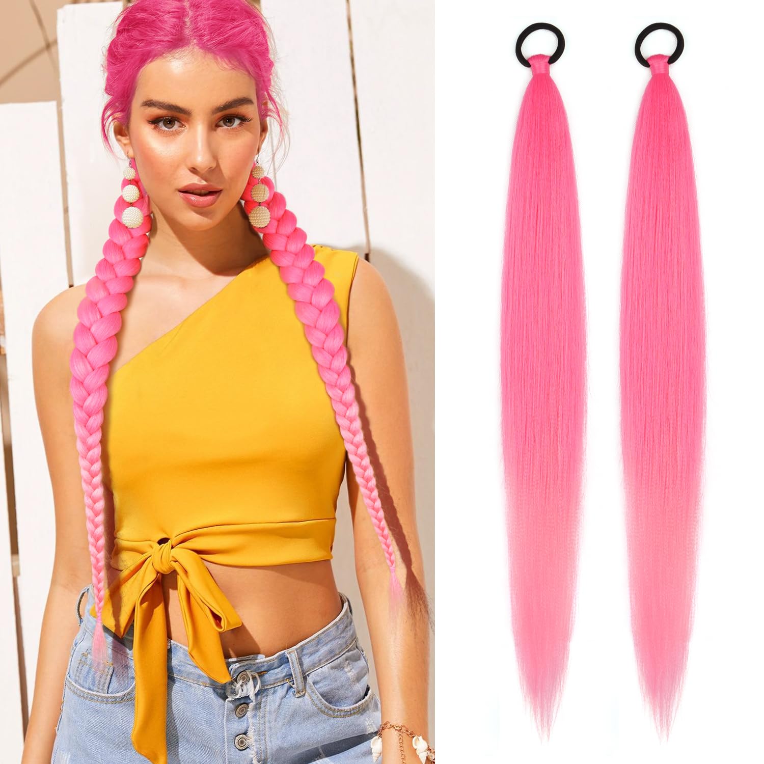 Photo 1 of 2 Pack Braid Ponytail Extension with Elastic Tie Straight Sleek Wrap Around Braid Wig Ponytail Pink gradient 26 Inch (Pink/Light Pink)