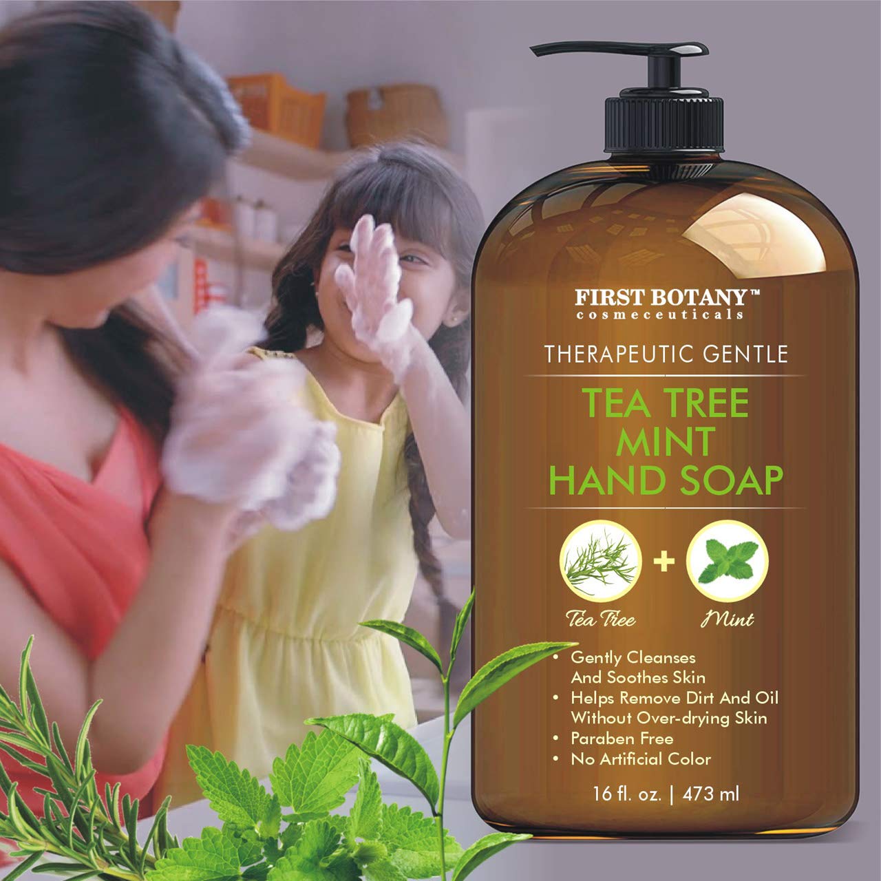 Tea Tree Mint Hand Soap - Liquid Hand Soap with Peppermint, Jojoba & Coconut Oil - Multipurpose Liquid Soap with Pump Dispenser - Natural Bathroom Soap & Liquid hand wash - HUGE 16 fl oz : Beauty