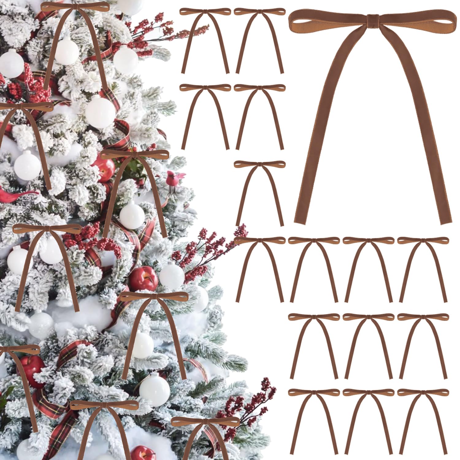 Photo 1 of 24 Pcs Velvet Christmas Bows 5 x 7 Inch Rustic Velvet Small Ribbon Gift Bow for Xmas Tree Ornaments DIY Craft Wreaths Garlands Indoor Outdoor Home Decorations (Brown)