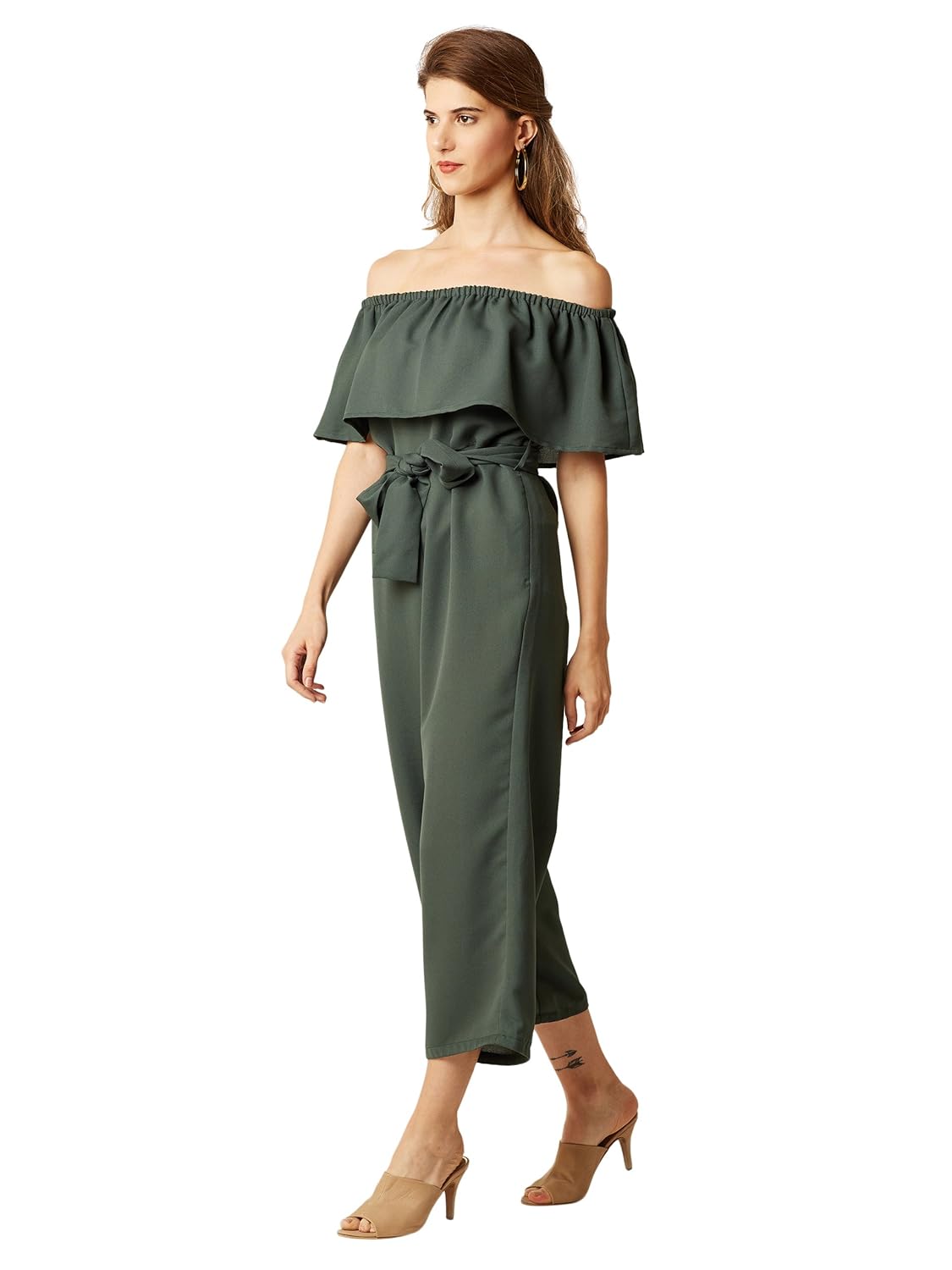 miss chase women's green off-shoulder tie-up midi jumpsuit