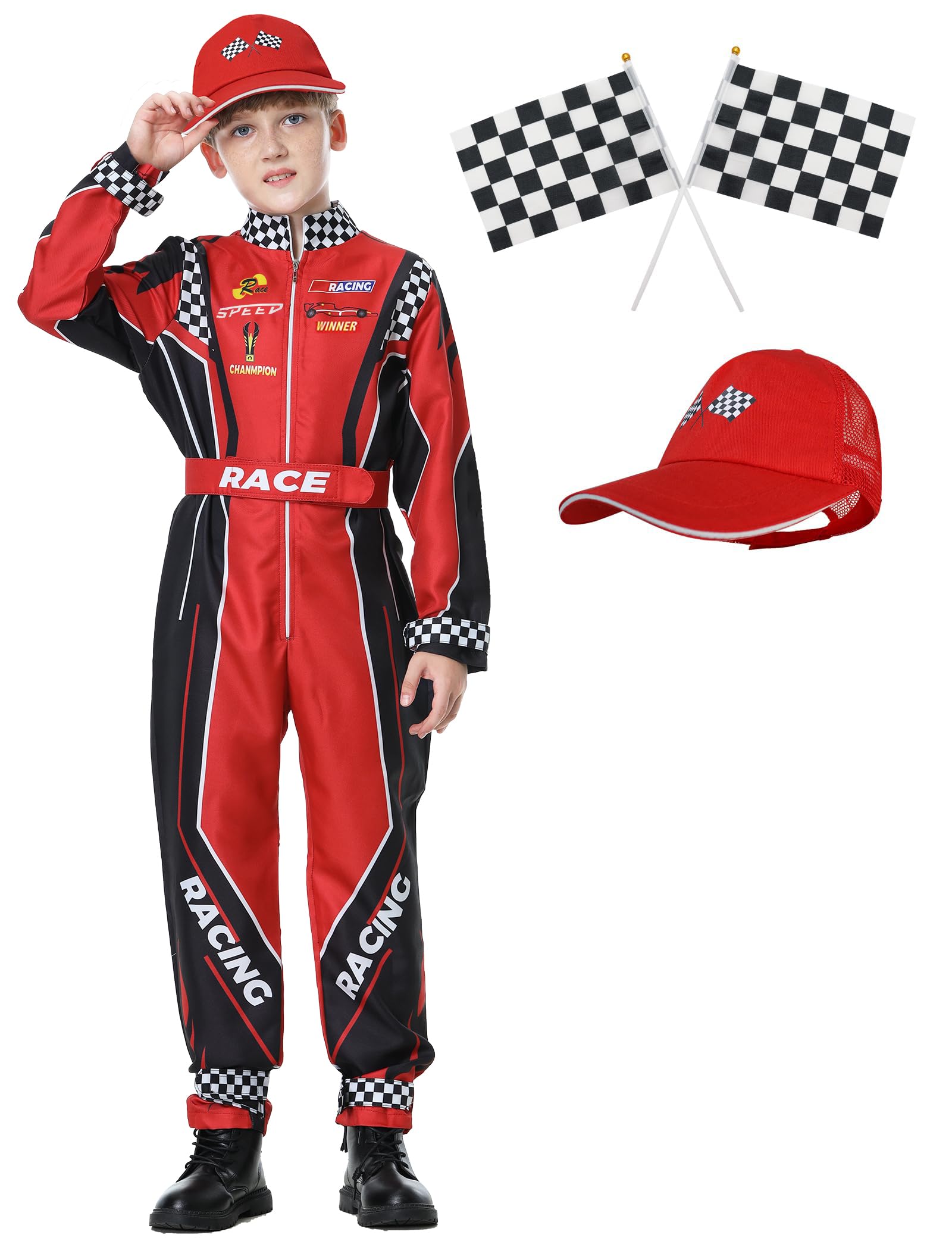 KUKIKUKI Race Car Driver Costume Boys Racer Jumpsuit With Car Cap Kids Dress Up for Halloween (Red, 110)