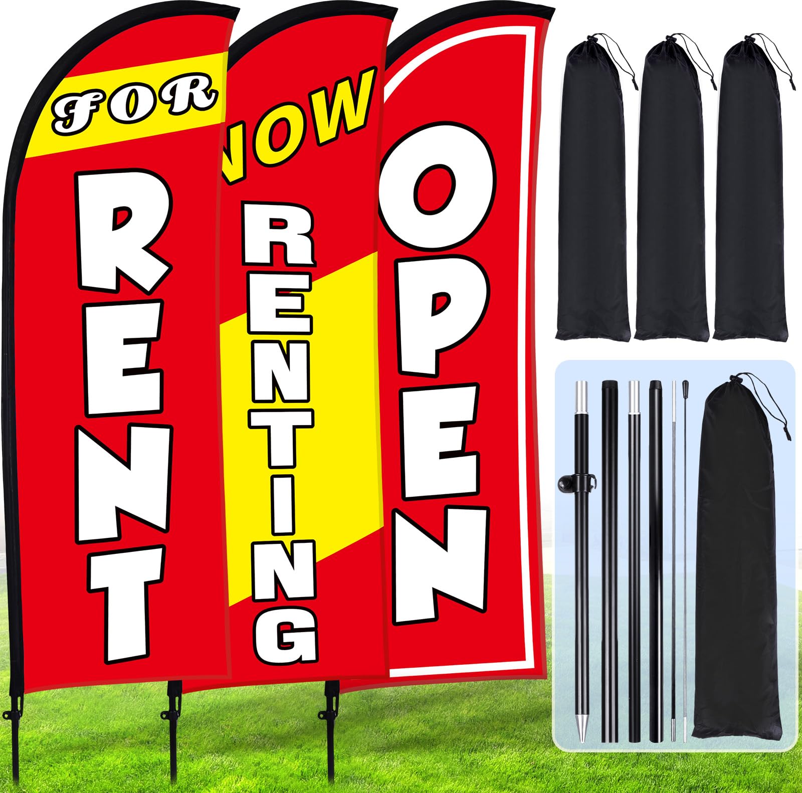 Photo 1 of Buryeah 3 Set For Rent Feather Flag Kit Now Renting Open with Pole Ground Stake and Bag 7 ft Flag Sign for Advertising Business Renting Open Banner Outside Ground
