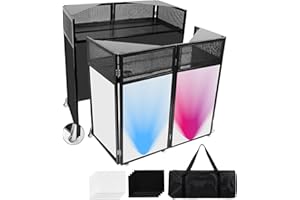 BBTEQEKN Upgraded Portable DJ Booth with Wheels, 44" x 20" DJ Stage Setup with Replaceable Black and White Scrims, Folding Po