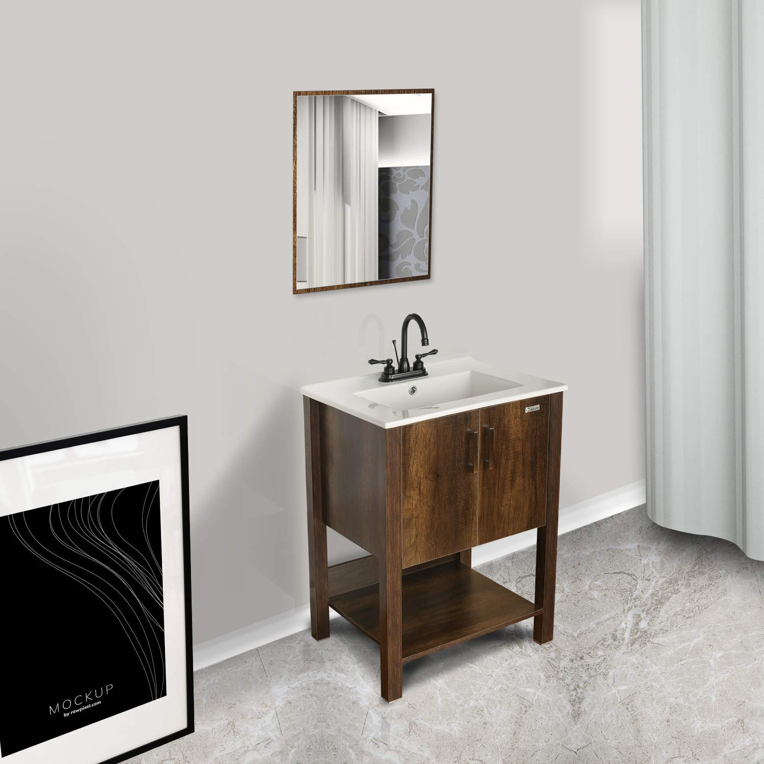 Eclife 24 Bathroom Vanity Sink Combo W Overflow White Drop In 3 Hole Ceramic Vessel Sink Top Brown Mdf Modern Bathroom Cabinet Brushed Nickel Solid Brass Faucet W Mirror Dn02b12c Tools