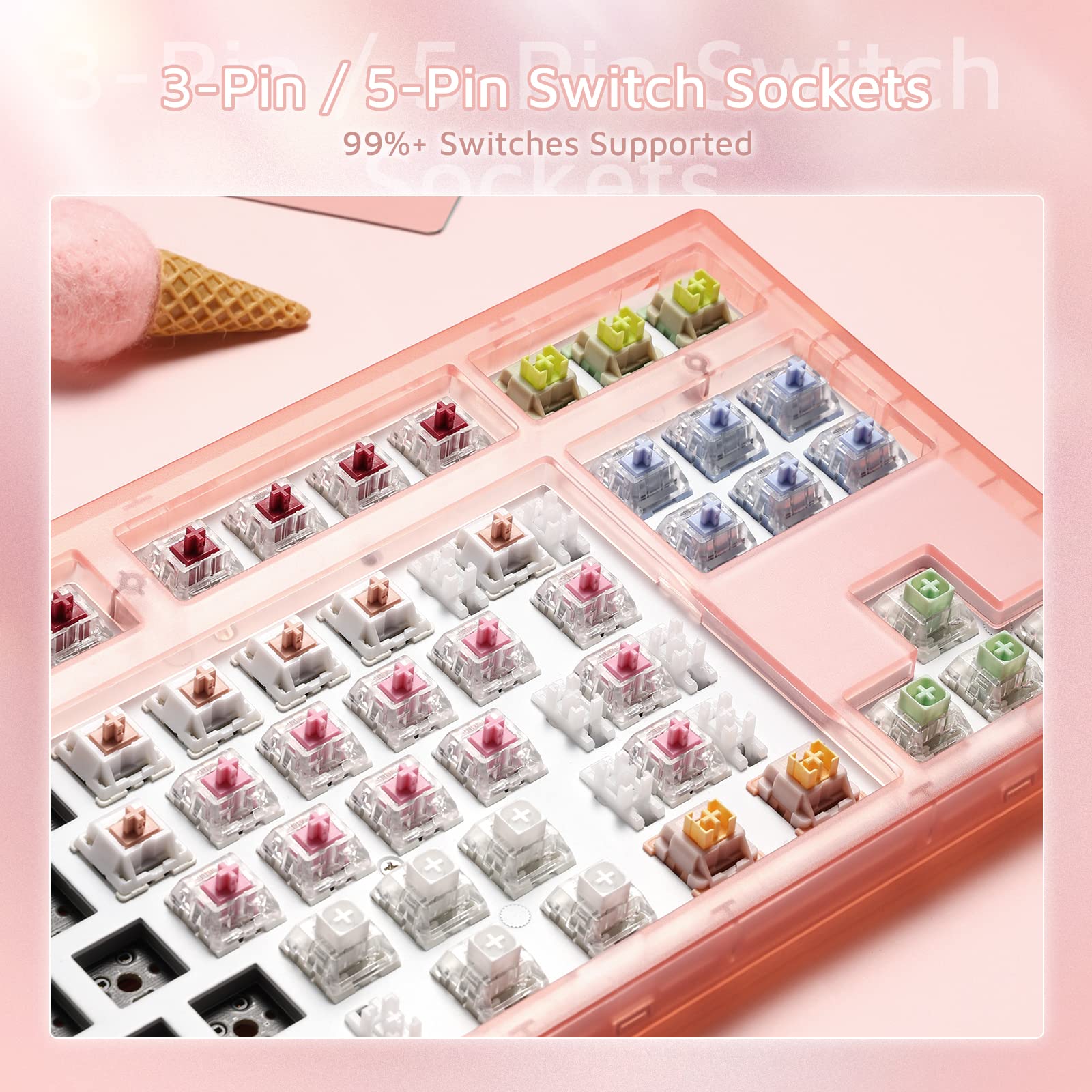 FL ESPORTS MK870 CMMK 87 Keys RGB Modular Mechanical Keyboard, 80% TKL Wired Gaming Keyboard DIY Kit w/Hot-Swap Switch Sockets (5-pin) & Customizable Software Supported (Barebones, Frosted Pink)