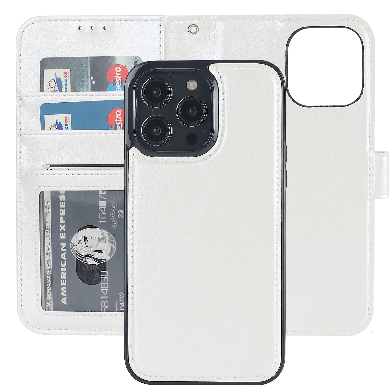 Bocasal Detachable Wallet Case for iPhone 14 Pro Max RFID Blocking Card Slots Holder Premium PU Leather Magnetic Kickstand Shockproof Wrist Strap Removable Flip Protective Cover 5G 6.7 inch (White)