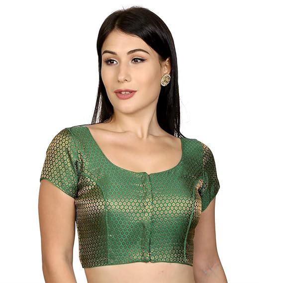 Womens Designer Brocade Short Sleeves Padded Princess Cut Readymade Saree Blouse (C-158_V)